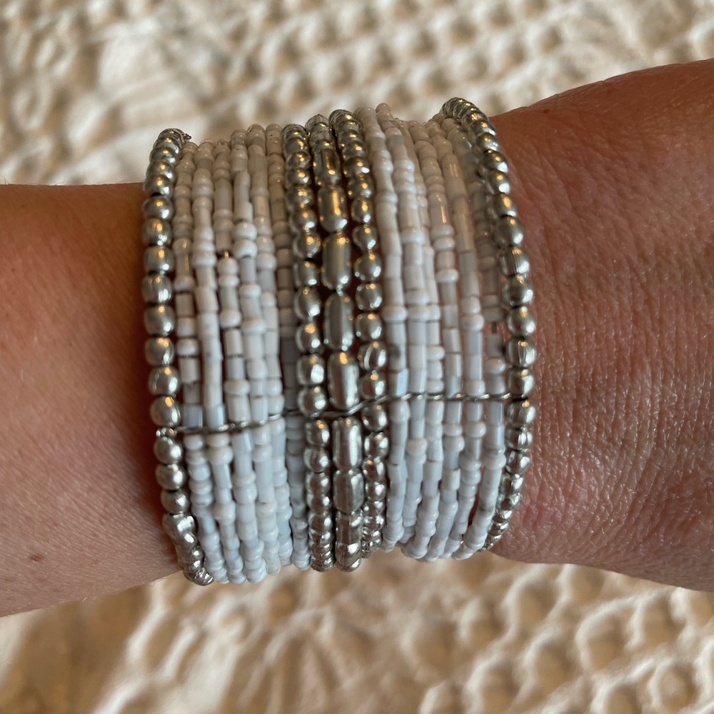 Elegant White and Silver Beaded Cuff Bracelet